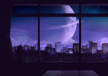 HD wallpaper featuring an anime-style sci-fi city at night, viewed from a window with the moon prominently visible in the sky.