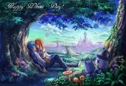 2K Quad HD anime PC desktop wallpaper of Fairy Tail: Erza Scarlet and Jellal Fernandes resting under a tree, Plue and Happy nearby, dreamy pastel castle landscape.