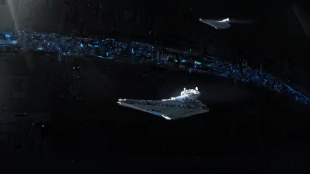 HD PC desktop wallpaper featuring a detailed Star Destroyer spaceship from Star Wars, set against a dark sci-fi space backdrop with glowing blue elements.