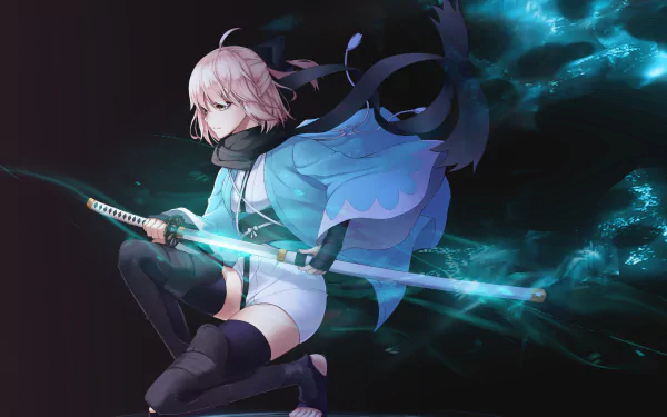 HD desktop wallpaper featuring Sakura Saber, Okita Souji from Fate/Grand Order anime in a dynamic pose with a glowing blue sword against a dark, ethereal background.