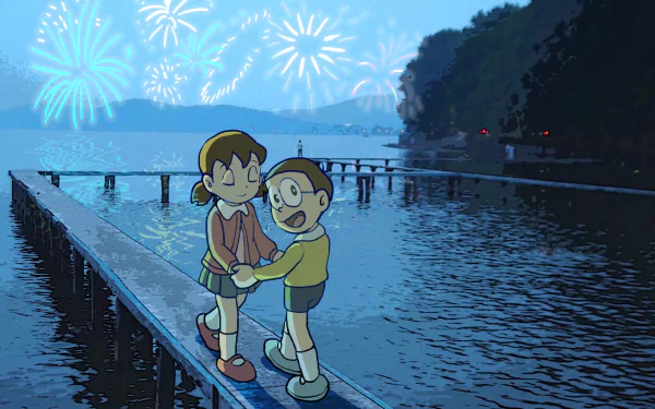 HD anime wallpaper featuring Shizuka Minamoto and Nobita Nobi from Doraemon, standing on a wooden pier with fireworks lighting up the night sky over a calm lake.