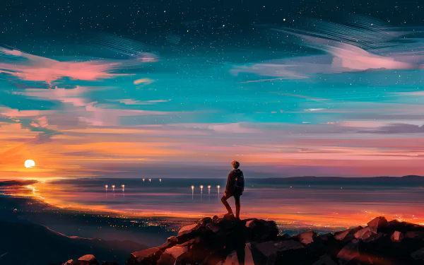 Artistic HD desktop wallpaper of a solitary figure standing on rocky terrain overlooking a vibrant sunset over a vast cityscape beneath a starry sky.