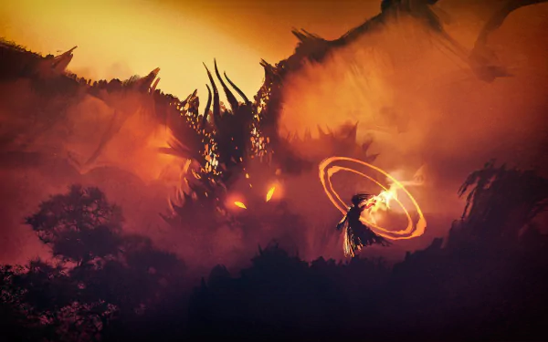 A dramatic scene featuring a wizard conjuring magic amidst a fiery landscape, with a colossal dragon looming in the background. A captivating fantasy theme in vibrant 4K Ultra HD.