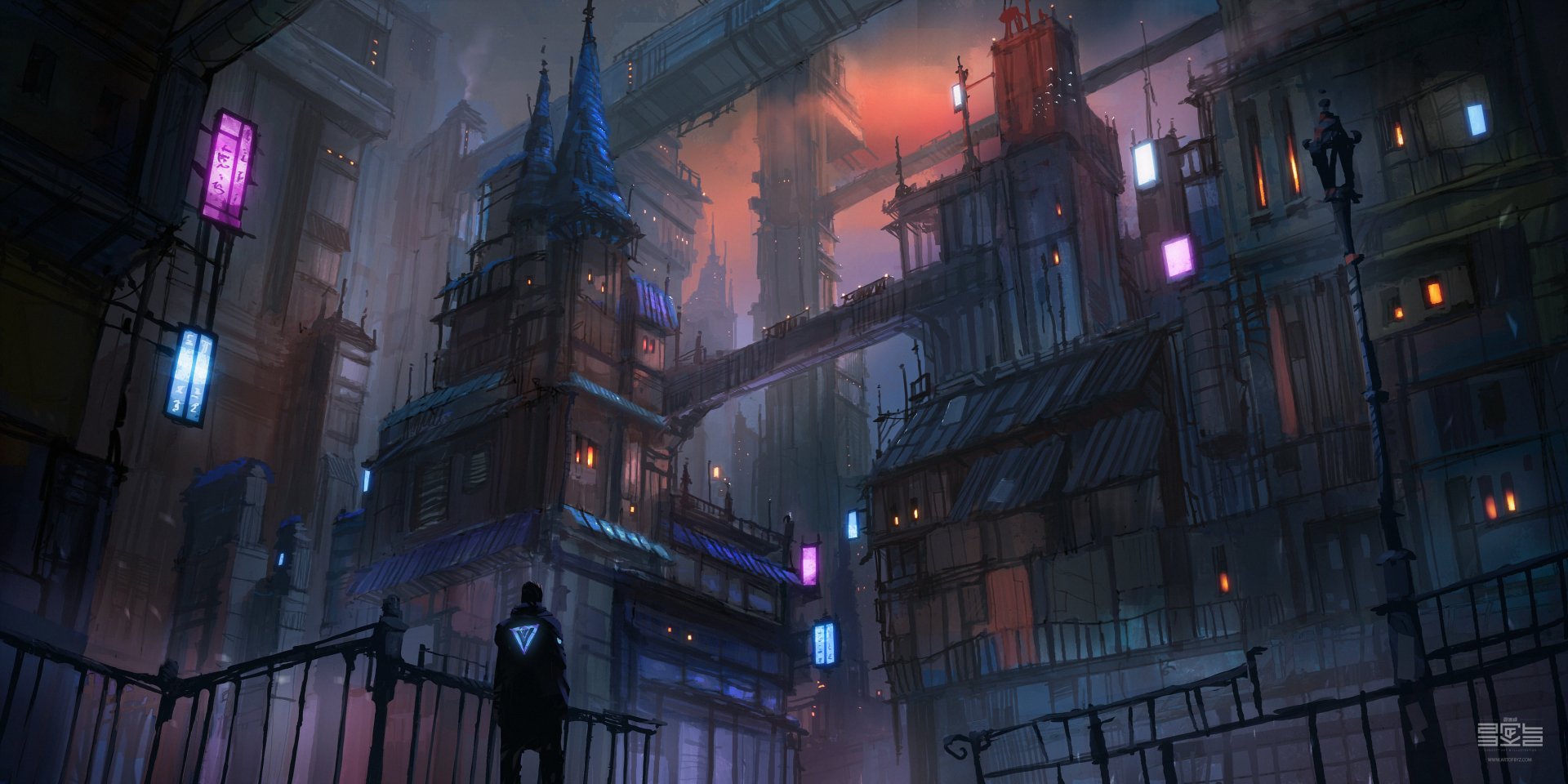 HD desktop wallpaper of a mysterious fantasy cityscape. The scene features towering, illuminated buildings interconnected by bridges, with a silhouetted figure in the foreground adding to the intrigue.