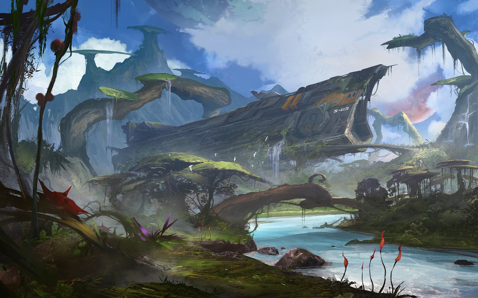 HD PC desktop wallpaper showcasing a sci-fi landscape with a futuristic spaceship nestled in an alien environment under a dramatic sky.