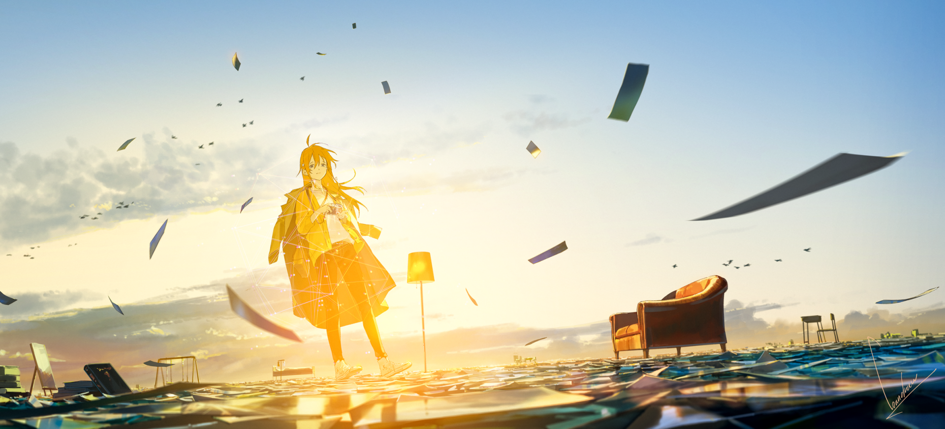 HD anime wallpaper features an original artwork of a character standing amid scattered papers, with a chair and lamp in the background, bathed in the glow of a setting sun.