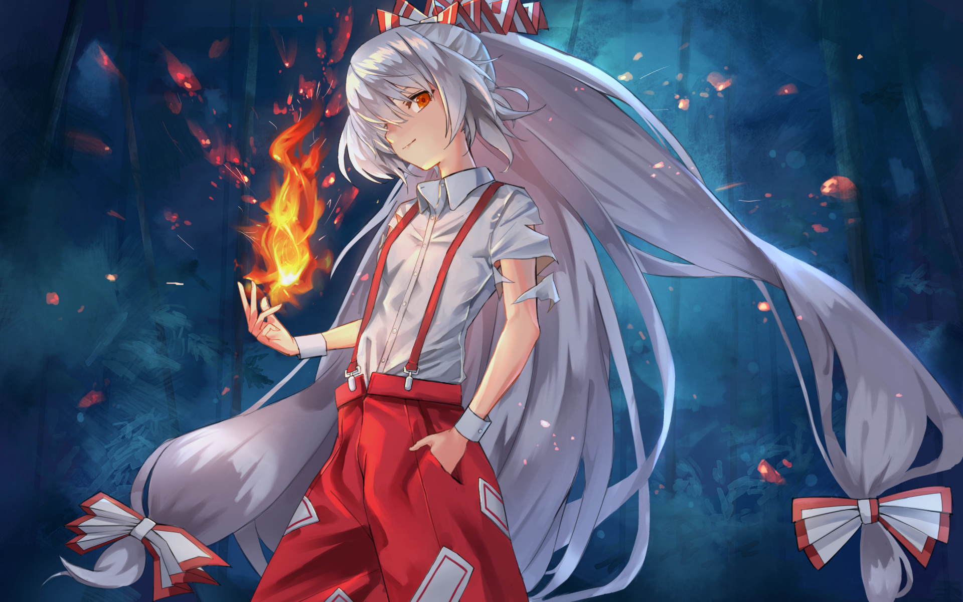 HD PC wallpaper featuring Fujiwara no Mokou from Touhou, standing confidently with long white hair and a flame in hand against a dark, fiery backdrop.