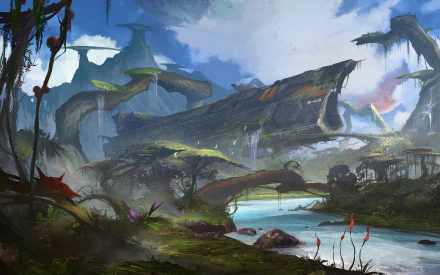 HD PC desktop wallpaper showcasing a sci-fi landscape with a futuristic spaceship nestled in an alien environment under a dramatic sky.