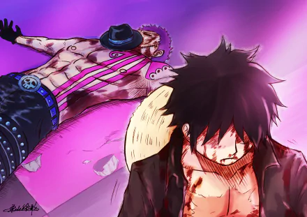 4K Ultra HD anime wallpaper featuring One Piece characters Charlotte Katakuri and Monkey D. Luffy in an intense, battle-worn scene with a vibrant purple background.