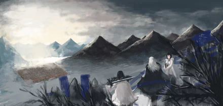 Anime art — Pixiv Fantasia Last Saga: three figures on a misty ridge overlooking jagged mountains and a distant citadel. 5K Ultra HD PC desktop wallpaper and background.