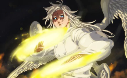 HD anime desktop wallpaper featuring Mael from The Seven Deadly Sins, depicted with glowing golden light and detailed angelic wings in dynamic action.