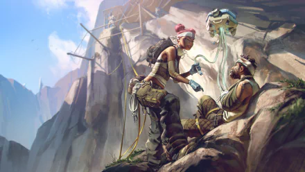 HD PC desktop wallpaper background of Lifeline (Apex Legends) tending a wounded teammate on rocky cliffs — Apex Legends video game artwork