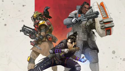 HD wallpaper featuring Apex Legends characters Bloodhound, Gibraltar, and Wraith poised for battle.