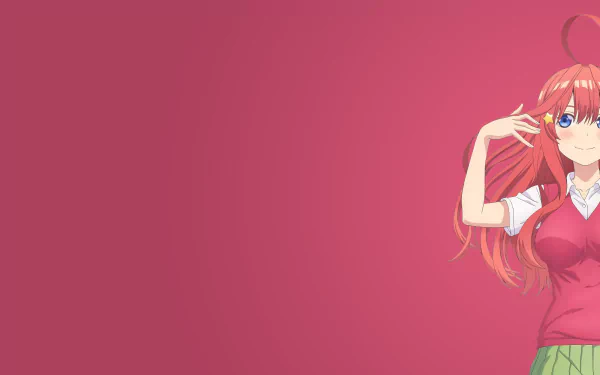 HD desktop wallpaper of Itsuki Nakano from The Quintessential Quintuplets, featuring an anime character with long pink hair and blue eyes on a solid pink background.