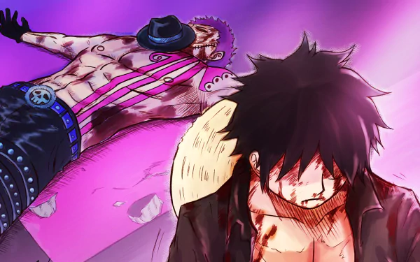 4K Ultra HD anime wallpaper featuring One Piece characters Charlotte Katakuri and Monkey D. Luffy in an intense, battle-worn scene with a vibrant purple background.