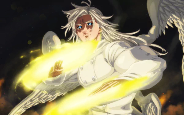 HD anime desktop wallpaper featuring Mael from The Seven Deadly Sins, depicted with glowing golden light and detailed angelic wings in dynamic action.