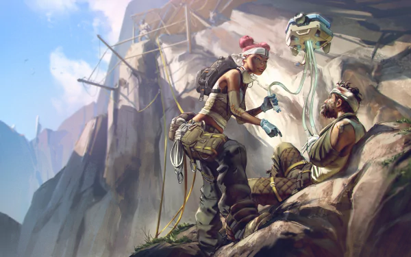 HD PC desktop wallpaper background of Lifeline (Apex Legends) tending a wounded teammate on rocky cliffs — Apex Legends video game artwork