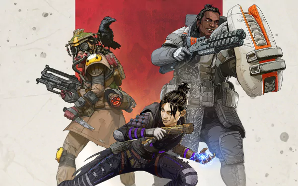 HD wallpaper featuring Apex Legends characters Bloodhound, Gibraltar, and Wraith poised for battle.