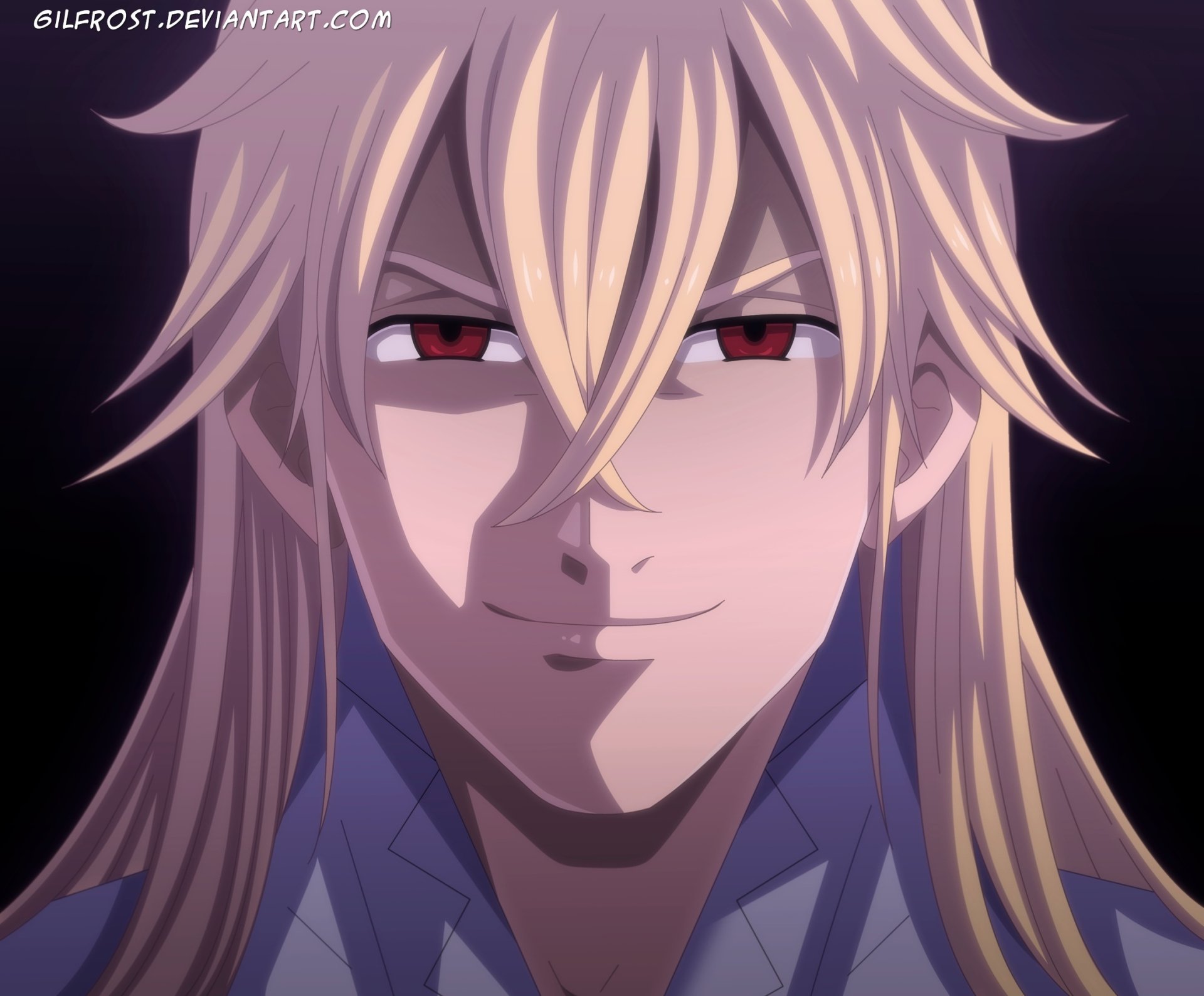Meliodas (The Seven Deadly Sins) close-up smirk with red eyes and long blond hair — HD anime PC desktop wallpaper/background.