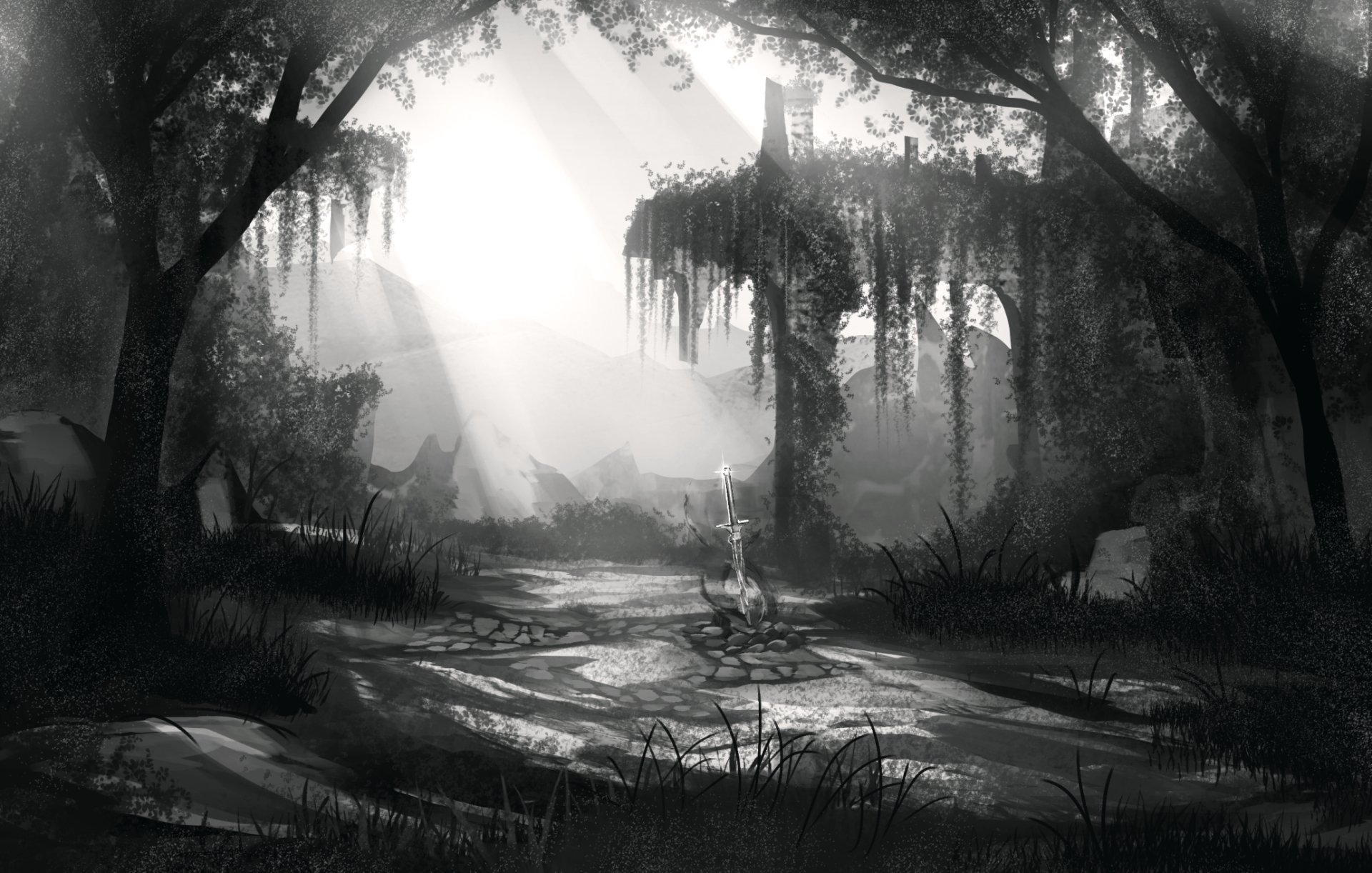 Grayscale Dark Souls-inspired jungle ruin with dense forest and a solitary bonfire, captured in HD for a moody video game desktop wallpaper.