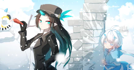 Anime-style HD desktop wallpaper from Pixiv Fantasia Last Saga featuring a confident character in a dark outfit with teal accents and another character peeking from behind a snow-covered wall.