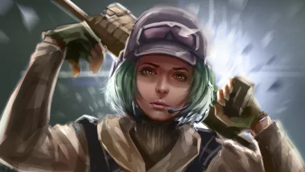 4K Ultra HD PC desktop wallpaper of Ela (Tom Clancy's Rainbow Six: Siege), close-up of green-haired operator in tactical gear adjusting goggles, intense gaze, rim-lit action pose.