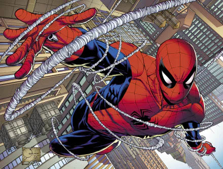 HD desktop wallpaper featuring Spider-Man (Peter Parker) swinging through a cityscape in classic comic book style.