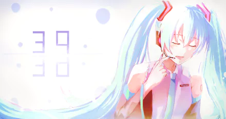 Hatsune Miku anime Vocaloid in an HD PC desktop wallpaper/background: serene pastel Miku with long aqua twin-tails and headphones, eyes closed against a soft, light-filled digital backdrop.