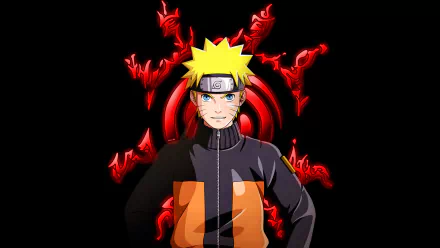 HD PC desktop wallpaper featuring Naruto Uzumaki from the anime Naruto, glowing with red chakra energy against a black background.
