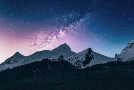 4K Ultra HD desktop wallpaper of a snowy mountain under a star-filled night sky with the Milky Way and a shooting star visible above the serene natural landscape.