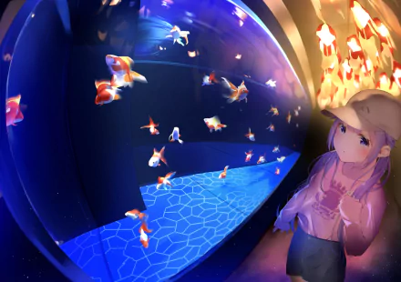 Anime-style HD PC desktop wallpaper featuring Unicorn from Azur Lane admiring colorful fish in a large aquarium with vibrant blue and orange hues.