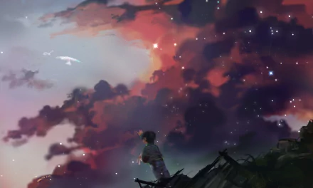 A child gazes upward, surrounded by dark, dramatic clouds and a starry sky. A small bird soars above, evoking themes of war and innocence amidst a vibrant anime-inspired backdrop.