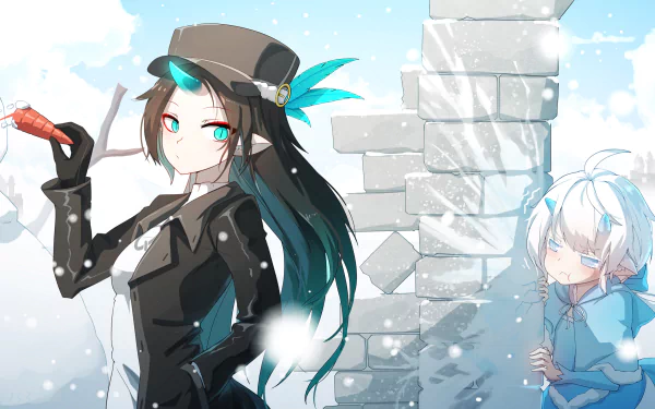 Anime-style HD desktop wallpaper from Pixiv Fantasia Last Saga featuring a confident character in a dark outfit with teal accents and another character peeking from behind a snow-covered wall.