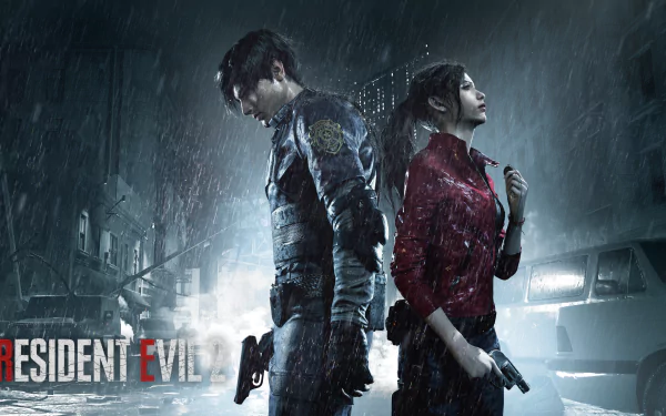 Leon S. Kennedy and Claire Redfield stand back-to-back in a rain-soaked dark cityscape from the 2019 Resident Evil 2 video game, presented in 4K Ultra HD.