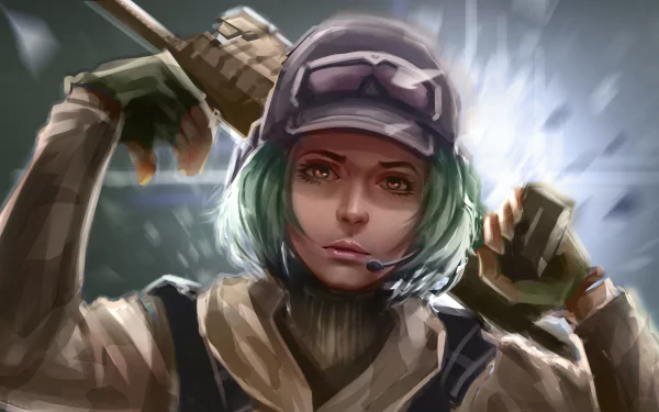 4K Ultra HD PC desktop wallpaper of Ela (Tom Clancy's Rainbow Six: Siege), close-up of green-haired operator in tactical gear adjusting goggles, intense gaze, rim-lit action pose.