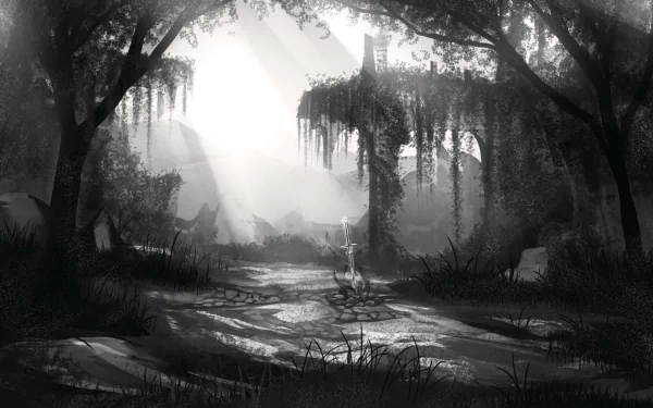 Grayscale Dark Souls-inspired jungle ruin with dense forest and a solitary bonfire, captured in HD for a moody video game desktop wallpaper.