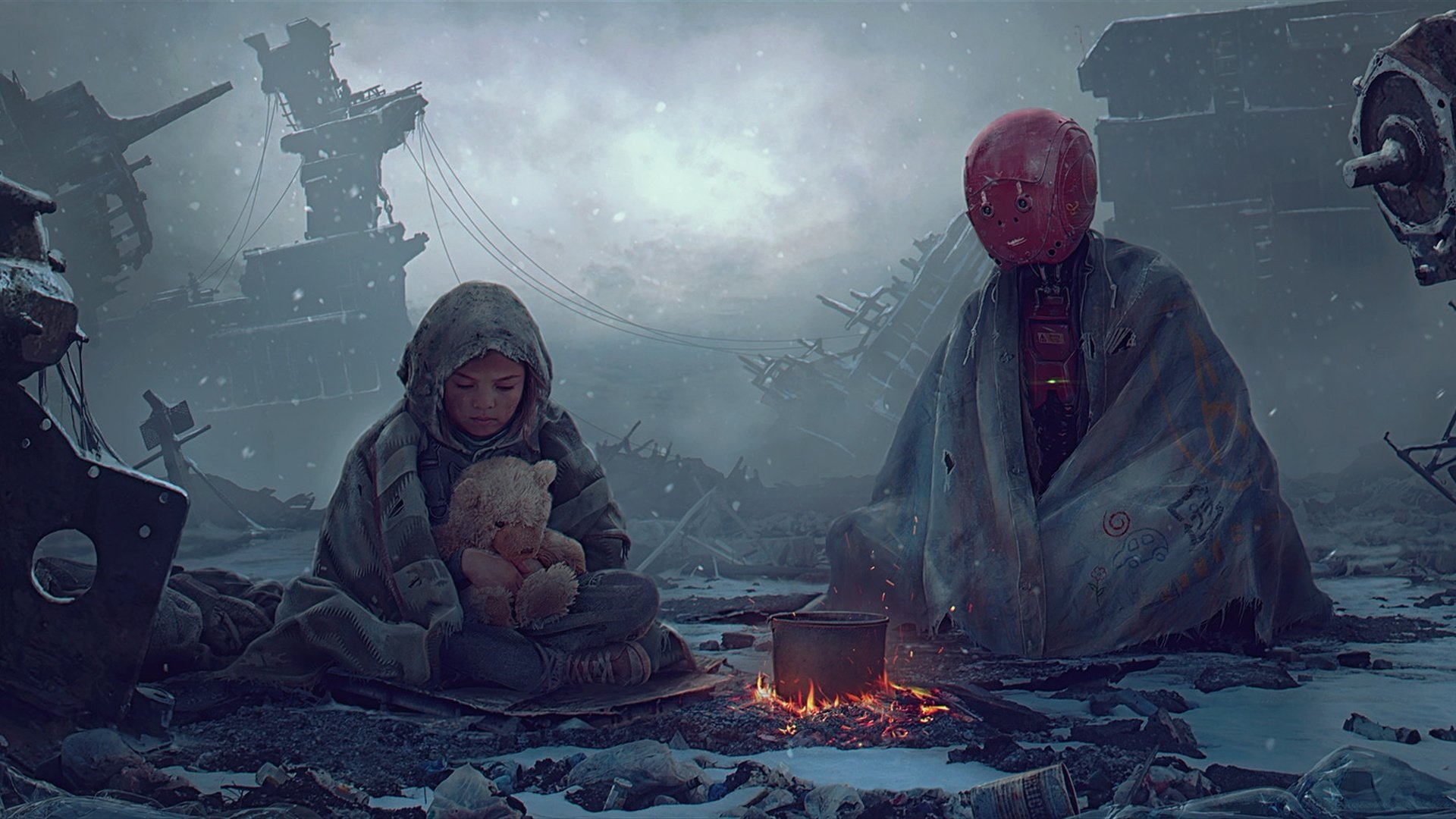 HD PC wallpaper depicting a post-apocalyptic sci-fi scene with a child holding a teddy bear beside a cloaked robot by a small fire in a desolate landscape.