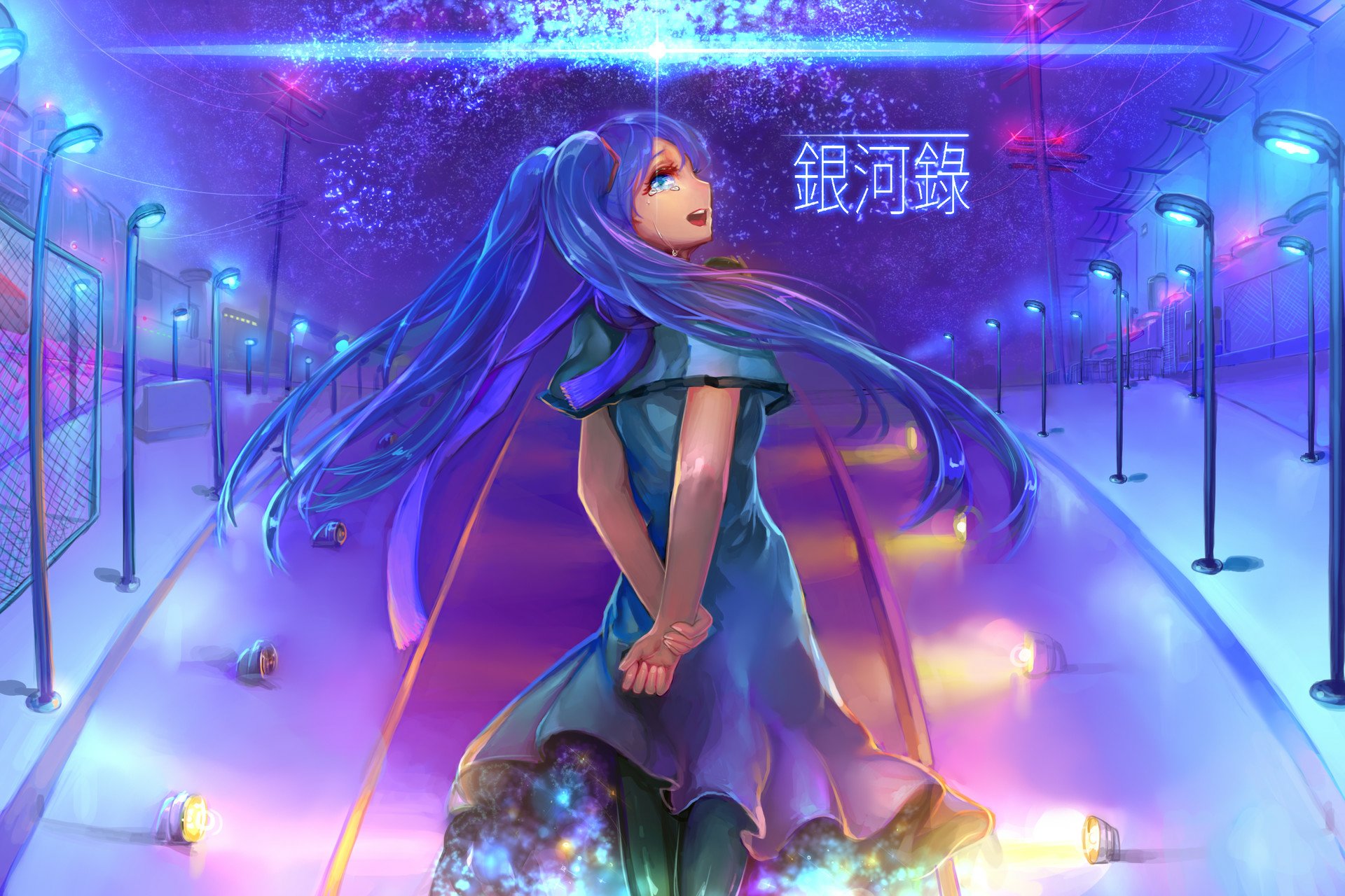 Hatsune Miku (Anime Vocaloid) in a neon nightscape: teal twintails gazing upward on a glowing pathway beneath streetlights — HD PC desktop wallpaper/background.