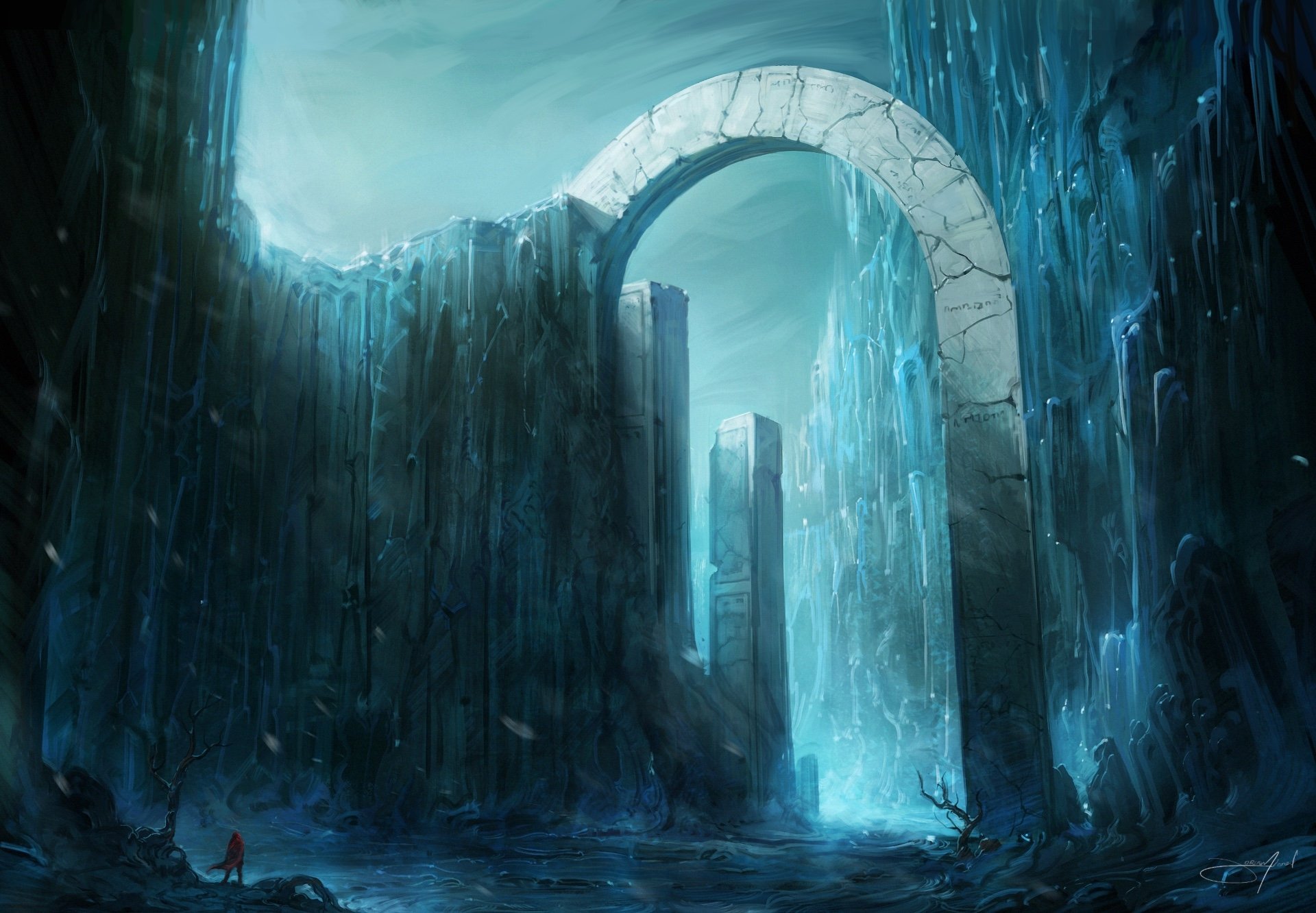 HD desktop wallpaper featuring a fantasy landscape with a large, ancient stone arch. The scene is enveloped in an ethereal blue light, presenting an awe-inspiring and mystical atmosphere.