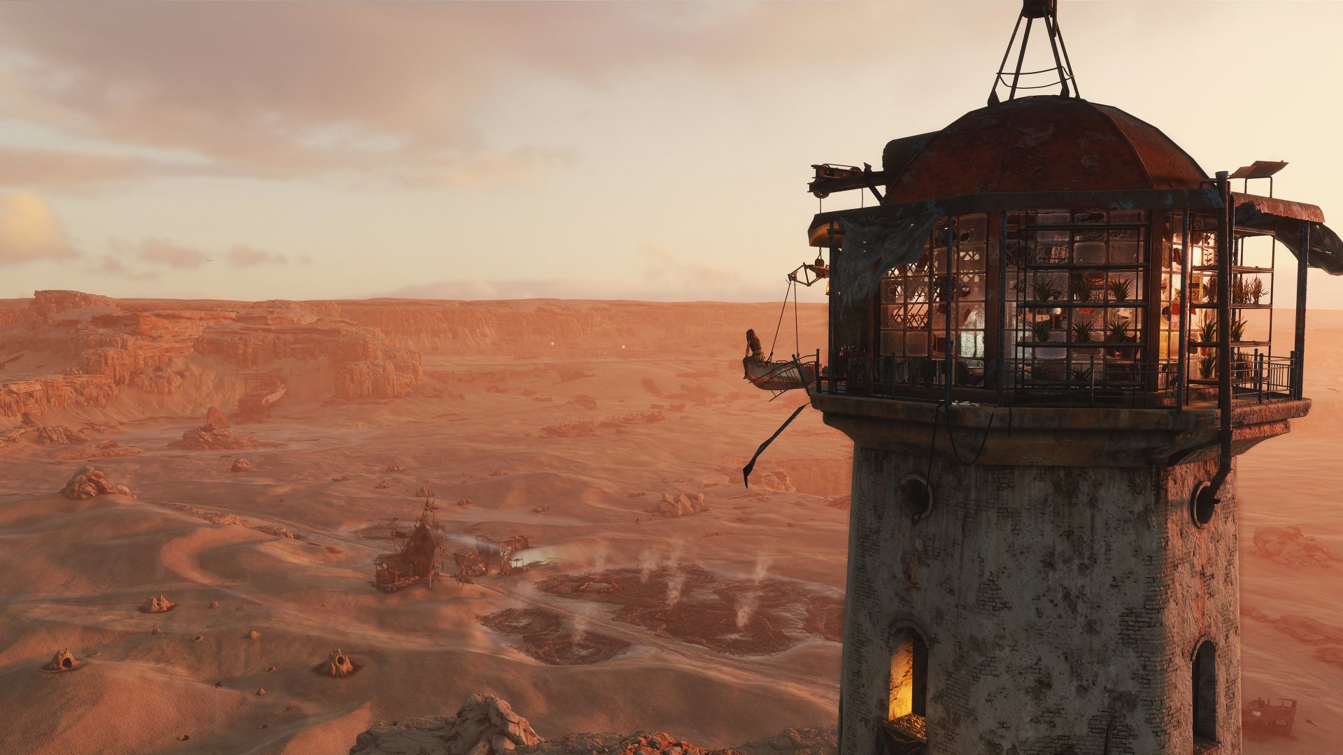 A stunning 4K Ultra HD wallpaper from Metro Exodus, showcasing a lighthouse atop a rocky outcrop, with expansive desert landscapes and a warm, glowing sunset in the background.