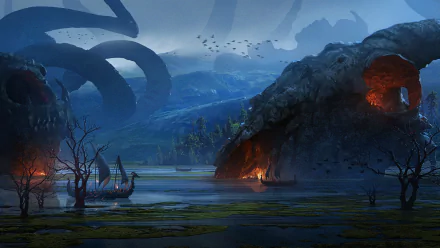 HD desktop wallpaper featuring a fantasy Viking scene with a drakkar anchored in a mysterious landscape. Giant tentacles loom in the background, while fires burn within large cavernous structures.