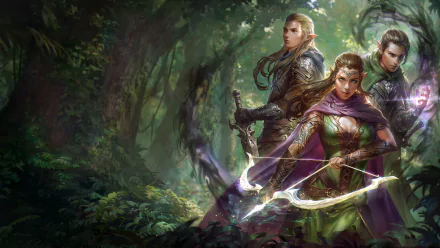 HD fantasy desktop wallpaper depicting a female elf warrior archer with a glowing bow, accompanied by two armored warriors in a mystical forest setting.