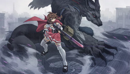 HD fantasy wallpaper featuring a fierce Red Riding Hood wielding a glowing sword, poised to battle a towering dark wolf in a misty, urban setting.