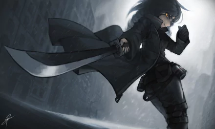 HD anime-style original artwork featuring a dark-clad character wielding a large sword, captured in a dynamic pose with dramatic lighting, designed as a PC desktop wallpaper.