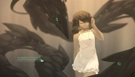 Anime-style original HD desktop wallpaper featuring a girl in a white dress with closed eyes, surrounded by dark, futuristic, dragon-like creatures.