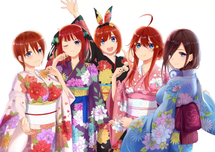 This HD wallpaper features the five Nakano sisters, Yotsuba, Itsuki, Nino, Miku, and Ichika, from the anime The Quintessential Quintuplets, all dressed in colorful kimonos.