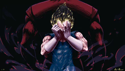 Vegeta (Dragon Ball Z) anime HD PC desktop wallpaper and background: Vegeta covers his face with clenched hands, muscles taut, golden hair, dark purple aura and a looming red shadow behind him.