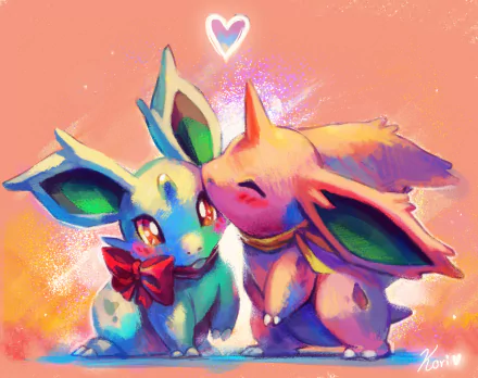 Anime-style HD PC desktop wallpaper featuring two Nidoran (Pokémon): a teal Nidoran with a red bow nuzzled by a pink Nidoran beneath a small glowing heart.