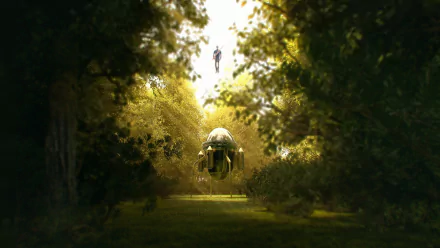 HD PC desktop wallpaper of Trunks (Dragon Ball) from Dragon Ball Super/Dragon Ball Z, hovering above a Capsule Corporation pod in a sunlit forest clearing, anime-style.