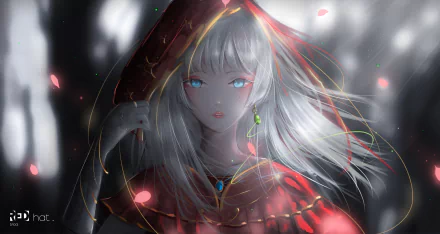 HD anime wallpaper of an original character with silver hair and blue eyes, adorned in a red hooded cape, standing in a forest with petals drifting around.